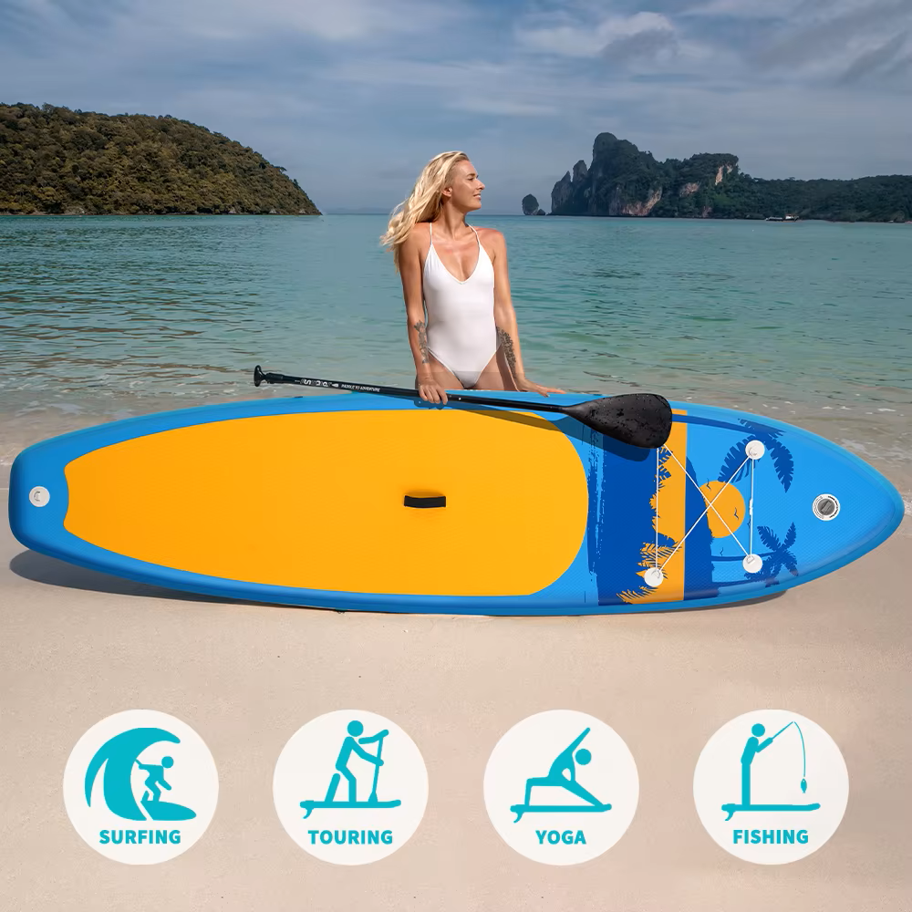 Supboard - Paddle Board - Peddelplank - Surfplank - Opblaasbaar - Inc. Peddel - Vin - Leash - Riem - Handpomp - Rugzak - 335 x 84 x 15 cm - Lichtblauw & Geel