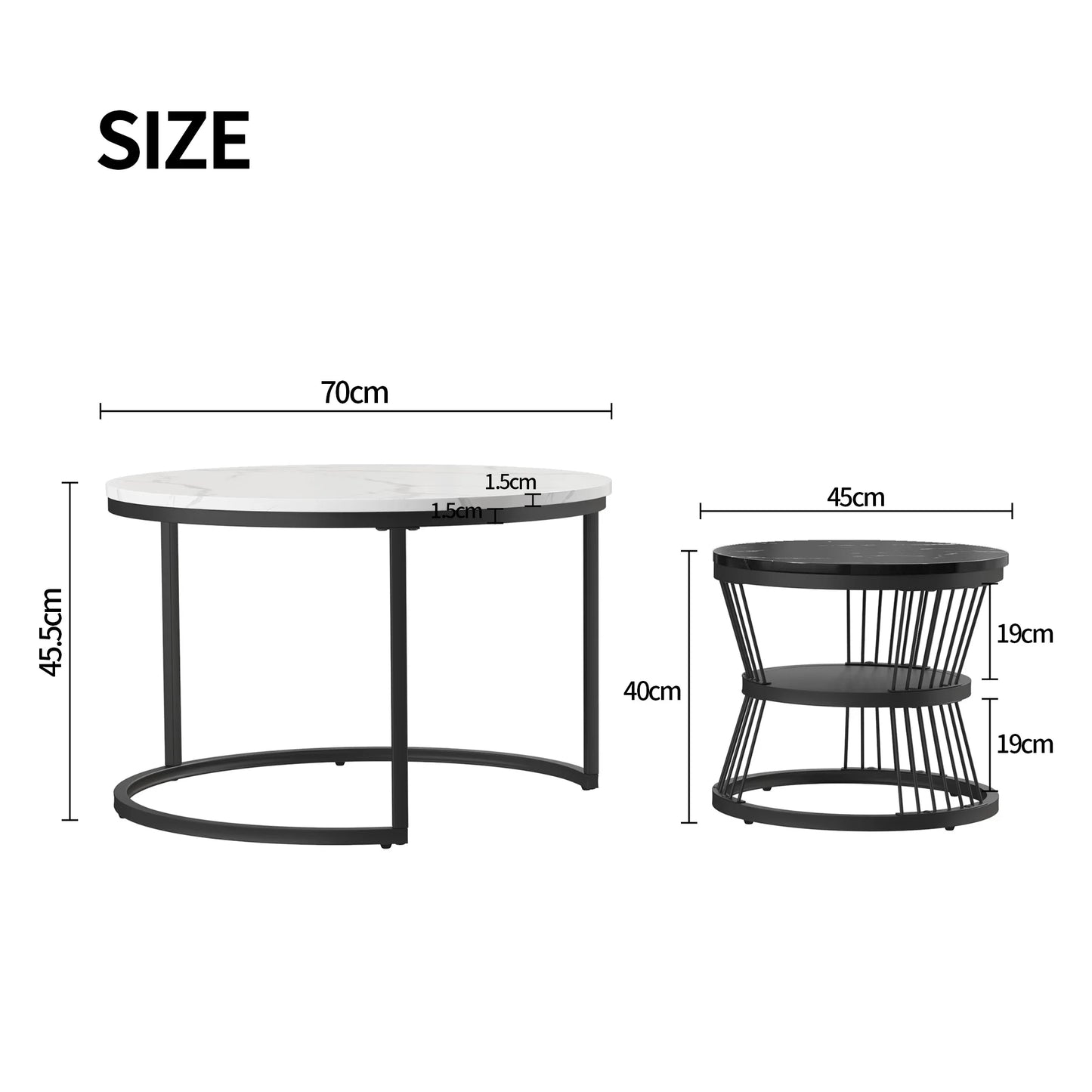 Set Ronde Salontafels – Salontafel Set – Bijzettafels – Woonkamertafels – Stapelbare Tafels – Zwart Wit Design – Marmerlook Tafelblad – Metaal Onderstel