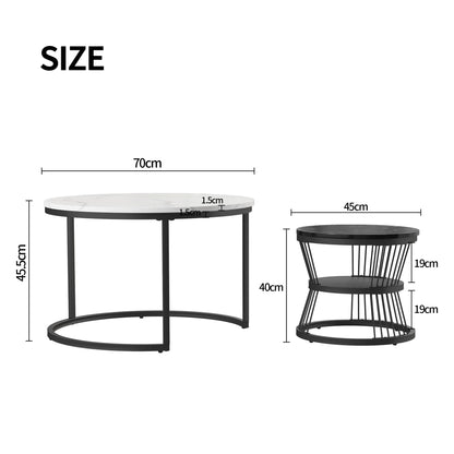 Set Ronde Salontafels – Salontafel Set – Bijzettafels – Woonkamertafels – Stapelbare Tafels – Zwart Wit Design – Marmerlook Tafelblad – Metaal Onderstel