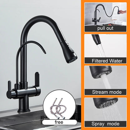 Keukenkraan - met Uittrekbare Uitloop - Twee Handgrepen - voor Koud - Warm Water - Vuistdouche - Drinkwater - en Keukenmixers - Matte Black