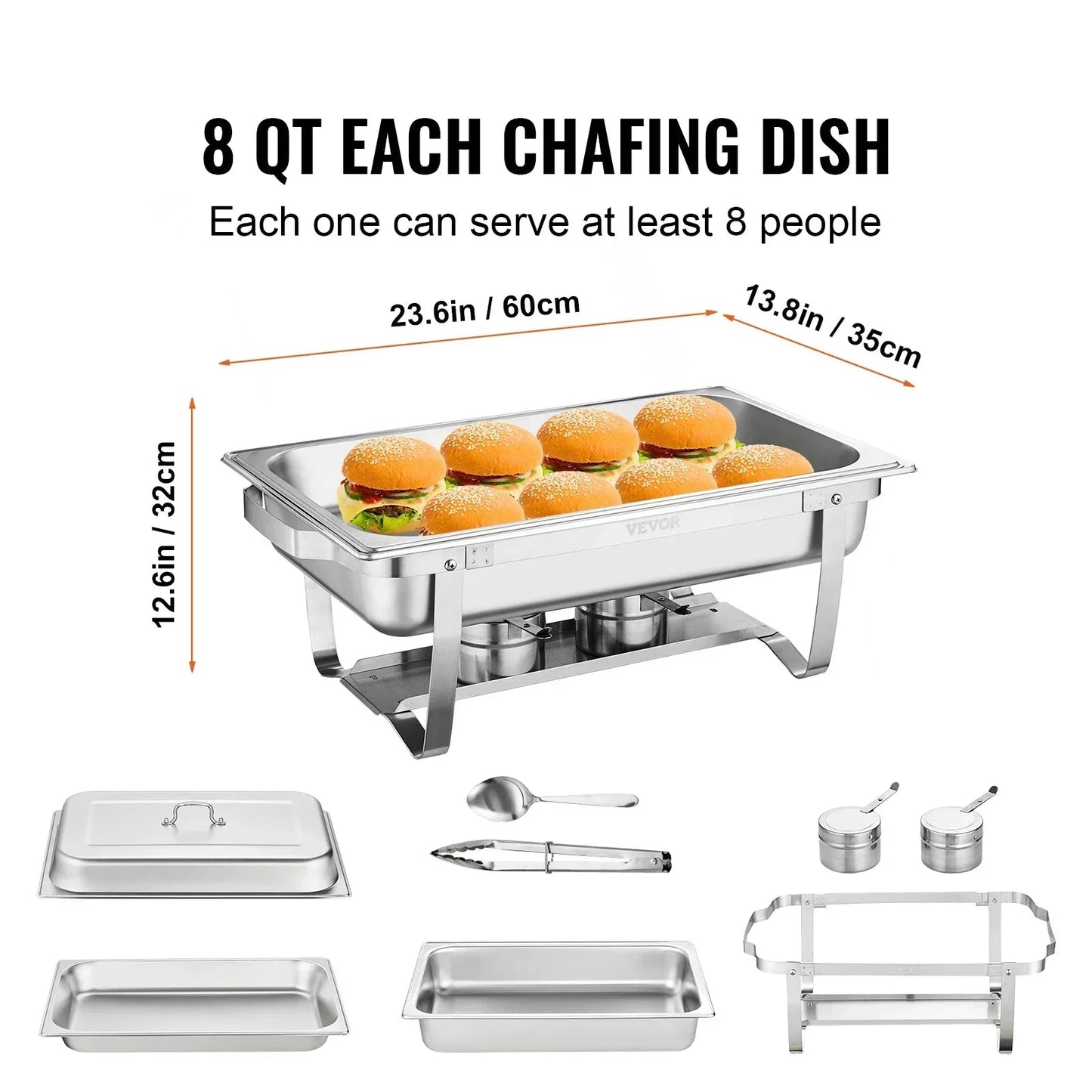 Chafing Dish - Warmhoudplaat - Buffetwarmer Set - Rechaud -  Rechthoekige RVS Warmhoudschalen - 4 Stuks - 8QT - met Opvouwbaar Onderstel en Brandstofhouders - Zilver