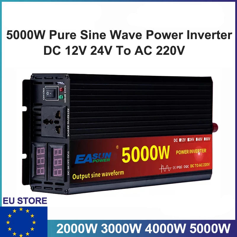 Omvormer – Spanningomvormer – Stroomomzetter – Converter – Zuivere Sinusomvormer 5000W 24V – Hoog Vermogen – LCD Display - QUORE