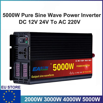 Omvormer – Spanningomvormer – Stroomomzetter – Converter – Zuivere Sinusomvormer 5000W 24V – Hoog Vermogen – LCD Display - QUORE