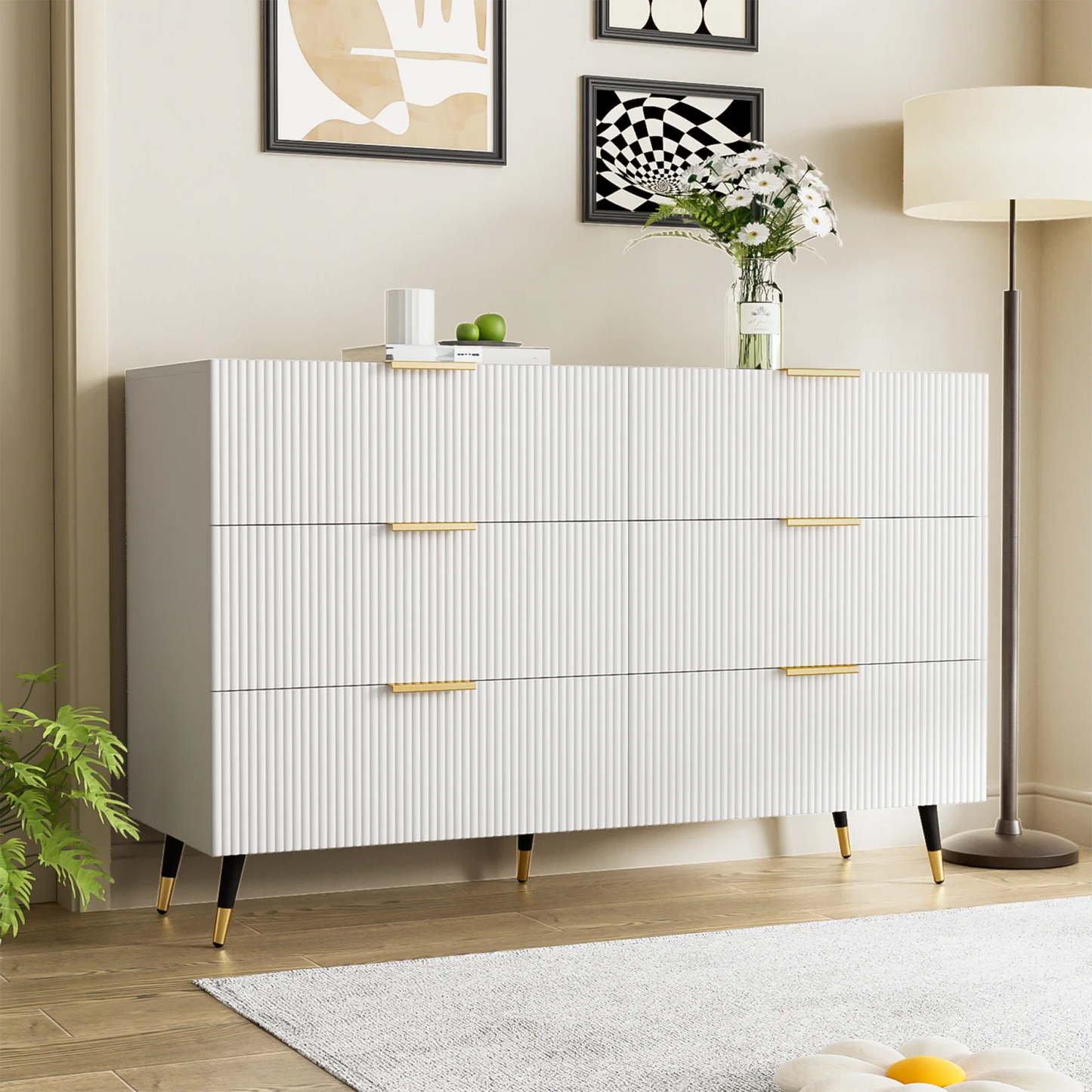 Dressoir – Ladekast – Opbergkast – Kast – Buffetkast – Modern Minimalistisch Ontwerp – 120x77x40 cm – 6 Ruime Lades – Wit Met Gouden Accenten