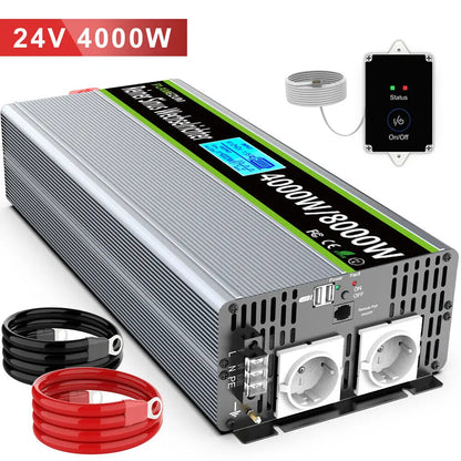 Omvormer – Spanningsomvormer – Inverter – Converter – Solar Omvormer – 4000W Continu – Zuivere Sinusgolf – 12V/24V Naar 230V – Dual USB & Afstandsbediening - QUORE