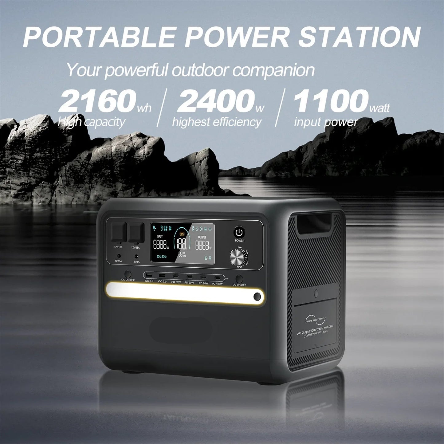Portable Power Station – Draagbare Stroomvoorziening – Mobiele Batterij – Noodstroom – Camping Accu – 2400Wh LiFePO4 Batterij – Zuivere Sinusoïde Omvormer