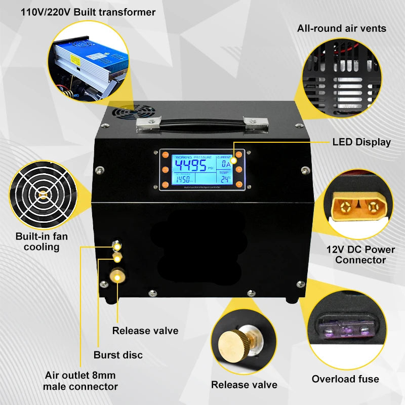 Luchtcompressor - Compressor - Luchtpomp - Air Compressor - 4500Psi - 300bar - PCP - Hoge Druk Draagbare Compressor – Ingebouwde 12V Voedingsadapter – Geschikt voor Luchtgeweren – Auto-Stop Functie - 220V