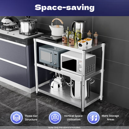 RVS Werktafel - 3-Laags Roestvrijstalen Keukenrek voor Horeca &amp; Catering (80x40 cm) - Restaurants Rechthoekige Werktafel - Commerciële Catering Tafel - Keuken Planken - Plank Rek - Voorbereidingstafel - Zilver