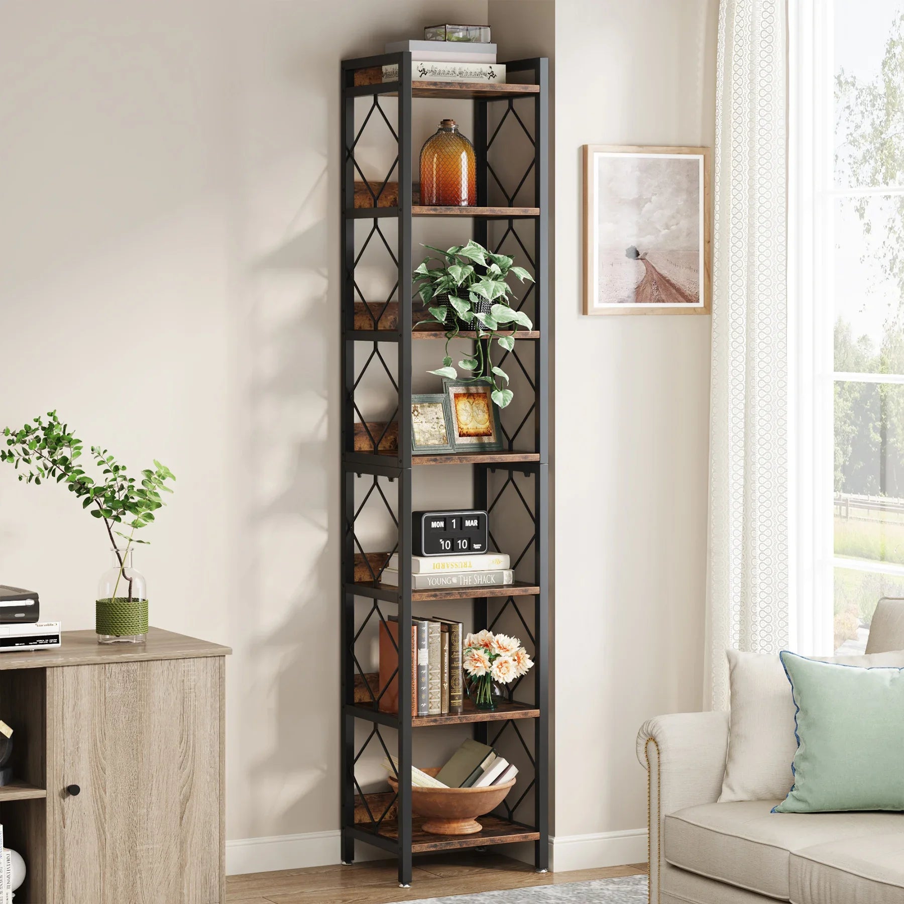 Hoekboekenplank – Smalle Boekenplank – Hoge Kast – Open Planken – 7 Laags – Compact 34 Cm Breed – Stevig Hout Met Metaal - QUORE