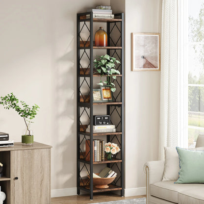 Hoekboekenplank – Smalle Boekenplank – Hoge Kast – Open Planken – 7 Laags – Compact 34 Cm Breed – Stevig Hout Met Metaal - QUORE