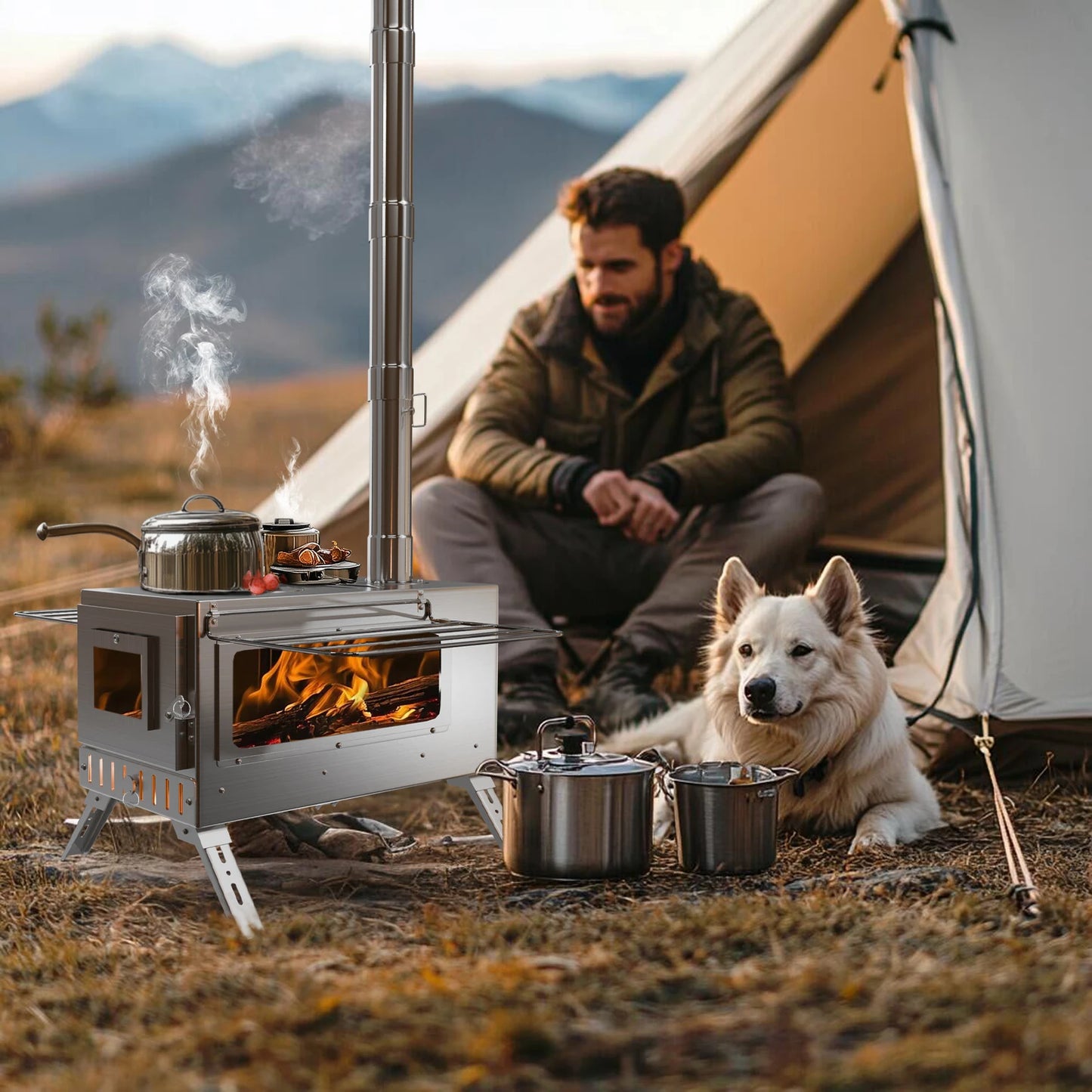 Camping Houtkachel - Houtkachel Stove - Draagbaar Houtkachelfornuis - Outdoor Houtkachel - RVS - Lichtgewicht - Houtskool Barbecues - voor Tentverwarming & Outdoor Cooking - Zilver - QUORE