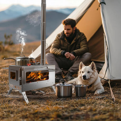 Camping Houtkachel - Houtkachel Stove - Draagbaar Houtkachelfornuis - Outdoor Houtkachel - RVS - Lichtgewicht - Houtskool Barbecues - voor Tentverwarming & Outdoor Cooking - Zilver - QUORE