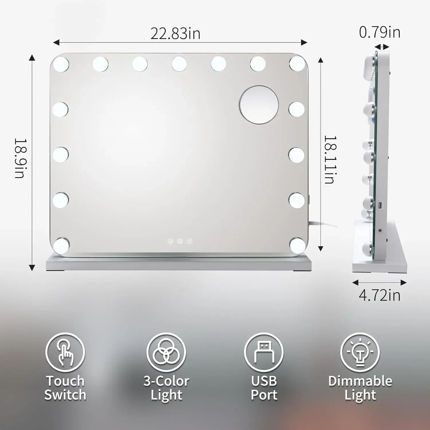 Hollywood Vanity Mirror with Lights 15 Dimmable LED Bulbs 3 Color Lighting Adjustable Brightness USB Charging Port (58*46cm) - QUORE