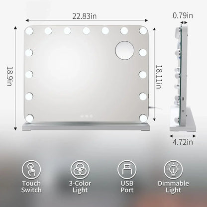 Hollywood Vanity Mirror with Lights 15 Dimmable LED Bulbs 3 Color Lighting Adjustable Brightness USB Charging Port (58*46cm) - QUORE