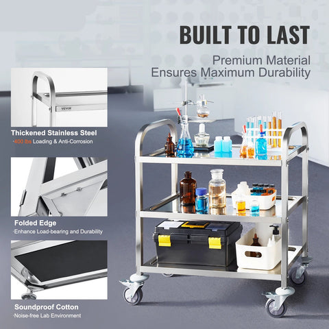 Laboratoriumkar - Wagen - Kar - Roestvrij Staal - 3 Lagen - Lab Utility Cart Medische Kar - met Vergrendelbare Universele Wielen - Lab Kliniek Keuken Salon