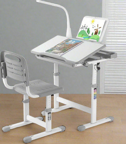 Kinderbureau – Kindertafel – Kinderschrijftafel – Kinderwerkplek – Kinderbureau Met Stoel – Verstelbaar In Hoogte – Inclusief Leeslamp Met Lade – Donkergrijs