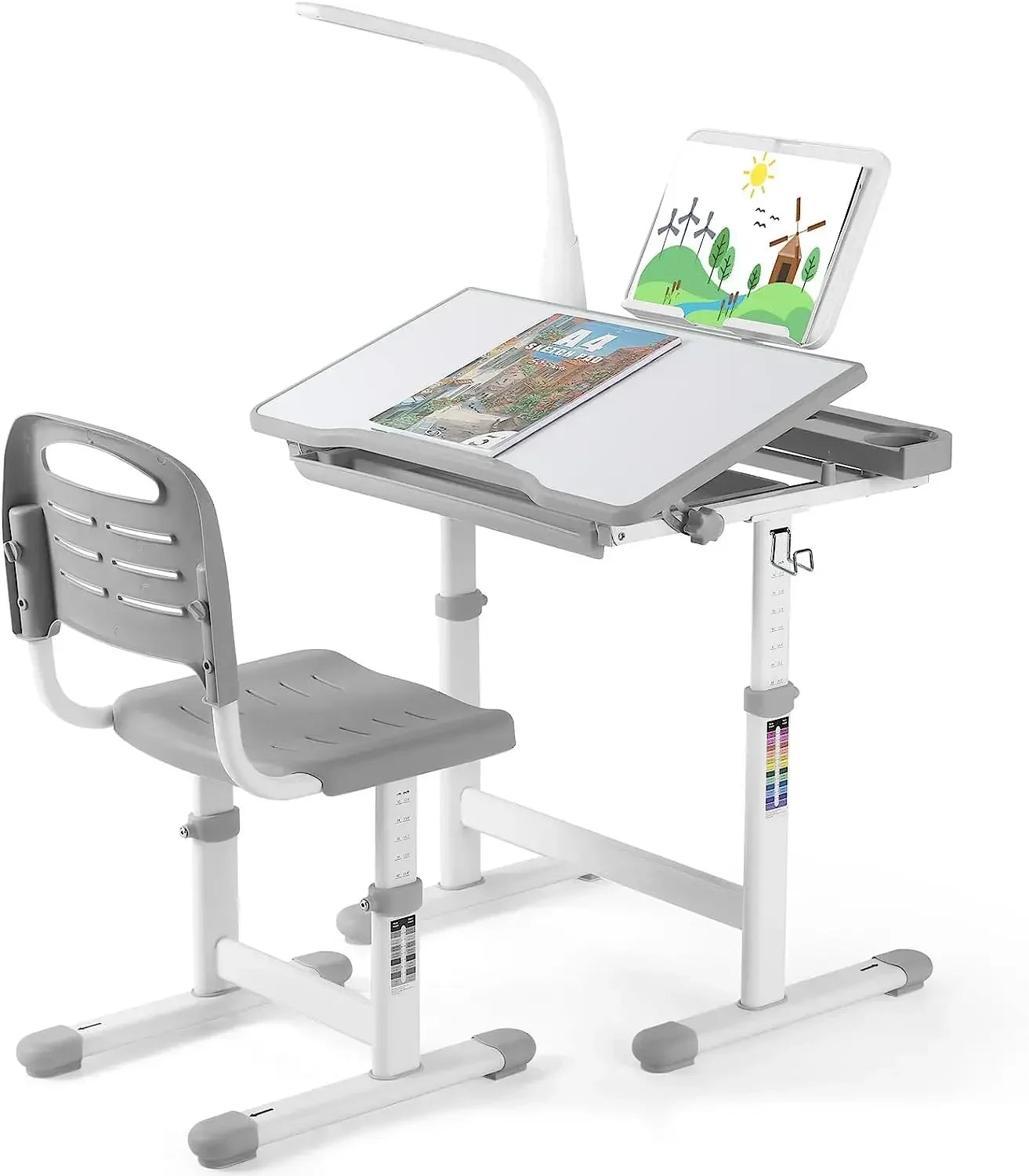 Kinderbureau – Kindertafel – Kinderschrijftafel – Kinderwerkplek – Kinderbureau Met Stoel – Verstelbaar In Hoogte – Inclusief Leeslamp Met Lade – Donkergrijs