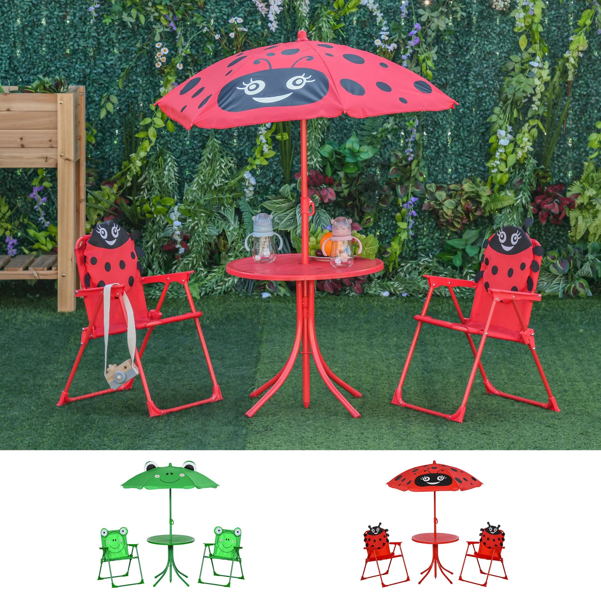 Kinder Tuinmeubelen - Kinder Tuinset - Tuintafel met Stoelen - met Verstelbare Paraplu - Opvouwbare - Stalen Tafel en Stoelen - voor Balkon - Balkonset 2 Personen - Rood - QUORE