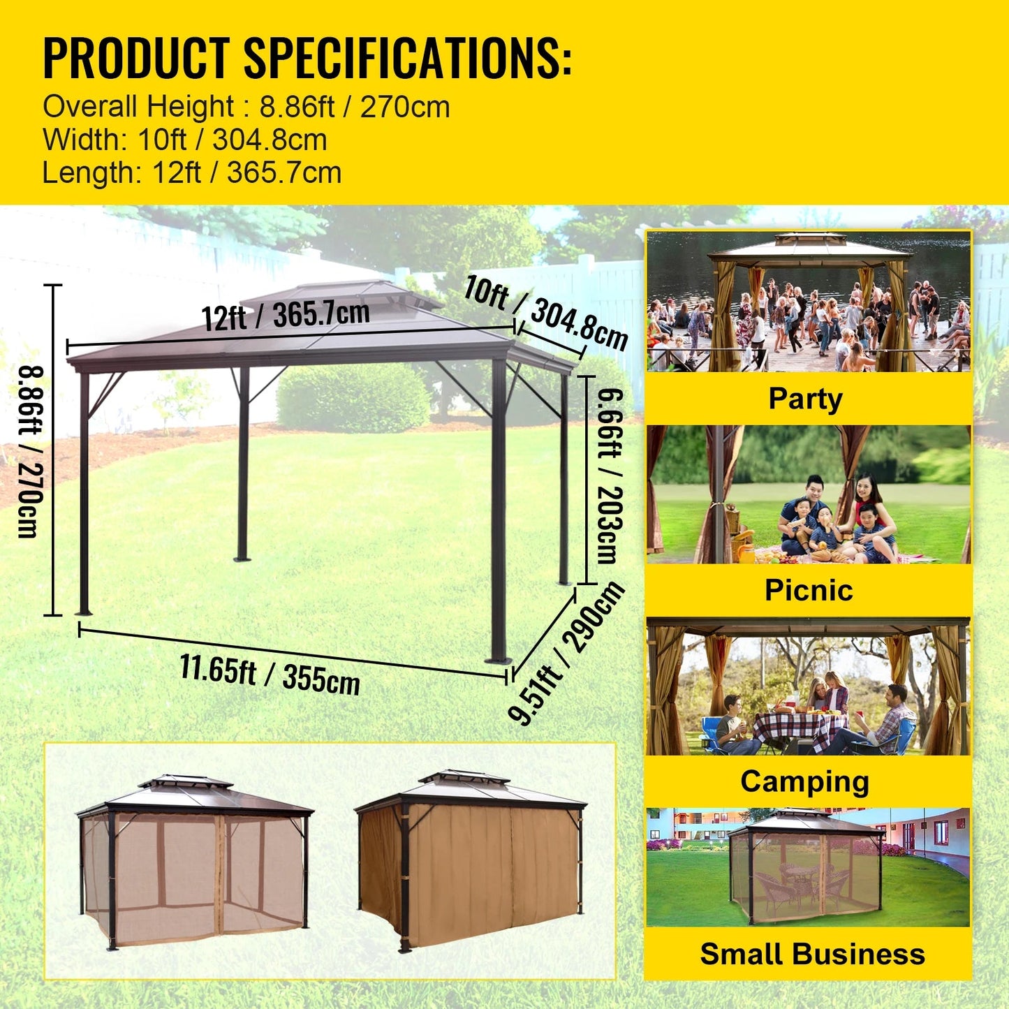 Tuinkoepel – Tuin Overkapping – Buiten Tent – Beschutte Ruimte – Waterdicht Dak – Aluminium Frame – Insectenwerende Netten - 10 x 12 Voet