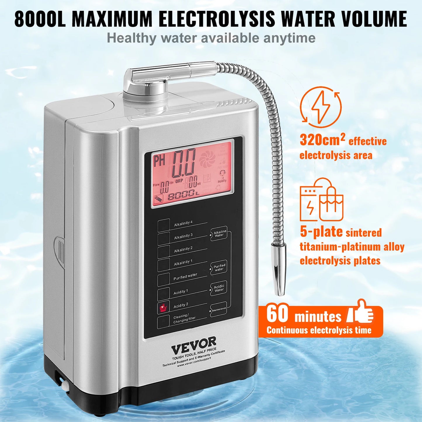SucceBuy Alkaline Water Ionizer Machine pH 3.5-10.5 Alkaline Acidic Hydrogen Water Purifier