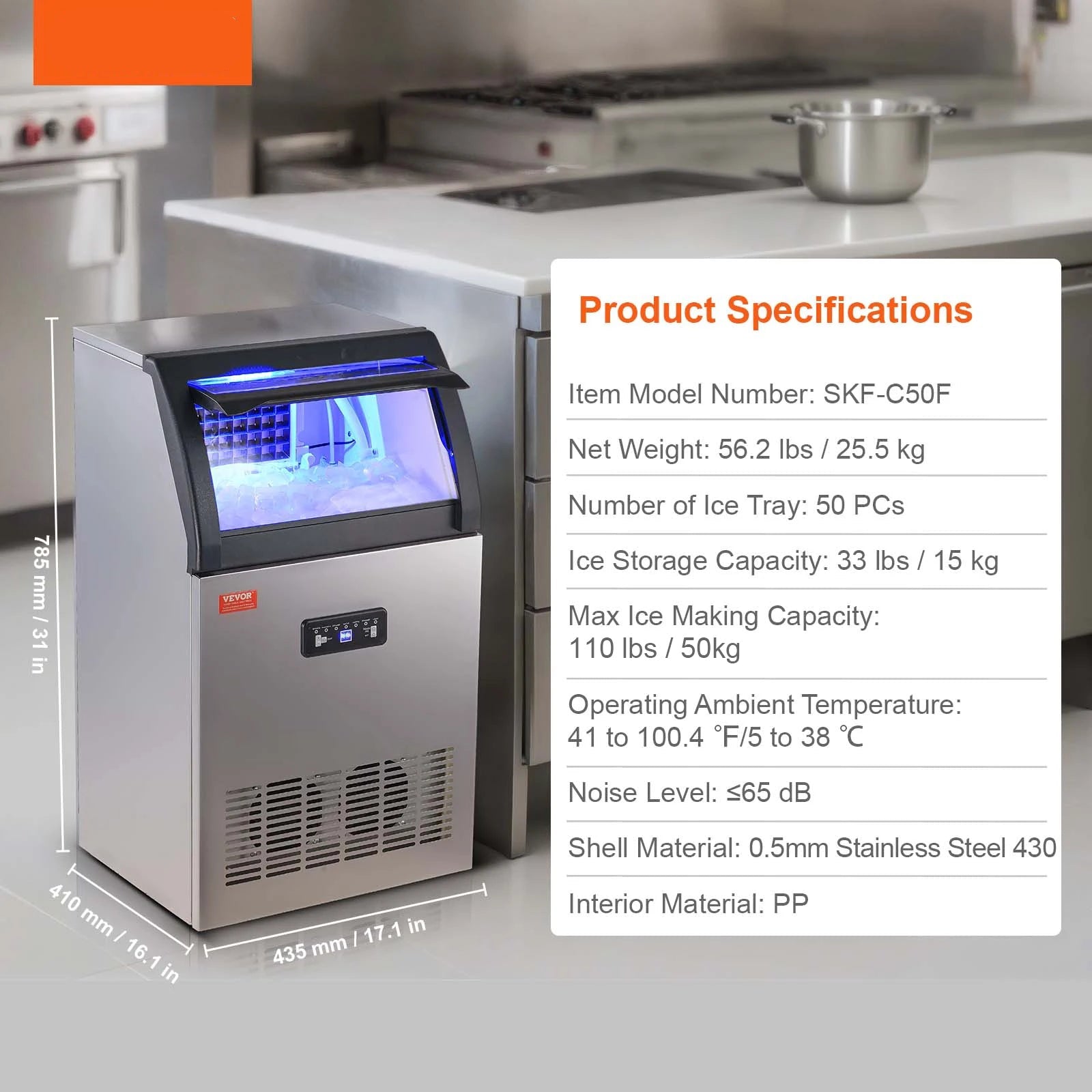 IJsautomaat – IJsmaker – IJsblokjesmachine – Ijsmachine – Compact Design – 110lbs Per Dag – Roestvrij Staal - QUORE