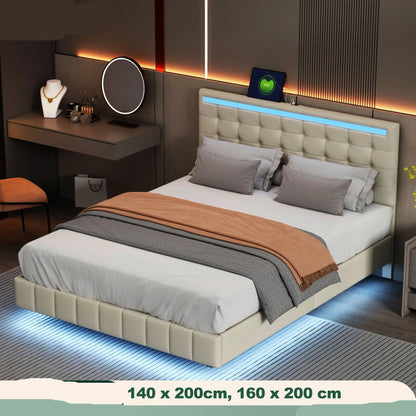 Bedframe – Bed – Tweepersoonsbed – Boxspring – Ledikant – Zwevend Ontwerp – Ingebouwde LED-Verlichting