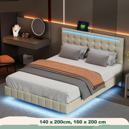 Bedframe – Bed – Tweepersoonsbed – Boxspring – Ledikant – Zwevend Ontwerp – Ingebouwde LED-Verlichting