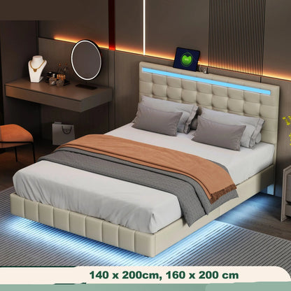 Bed – Led Bed – Modern Bed – Slaapkamer Bed – Zwevend Ontwerp – Linnen Hoofdbord – Ingebouwde Led-verlichting
