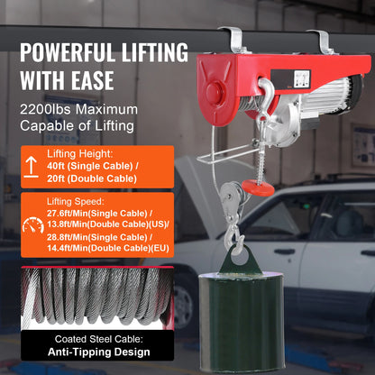 SucceBuy 2200 lbs Electric Hoist Single/Double Slings Lift Crane Hoist with Wireless/Wired Control Electric Winch for Garage