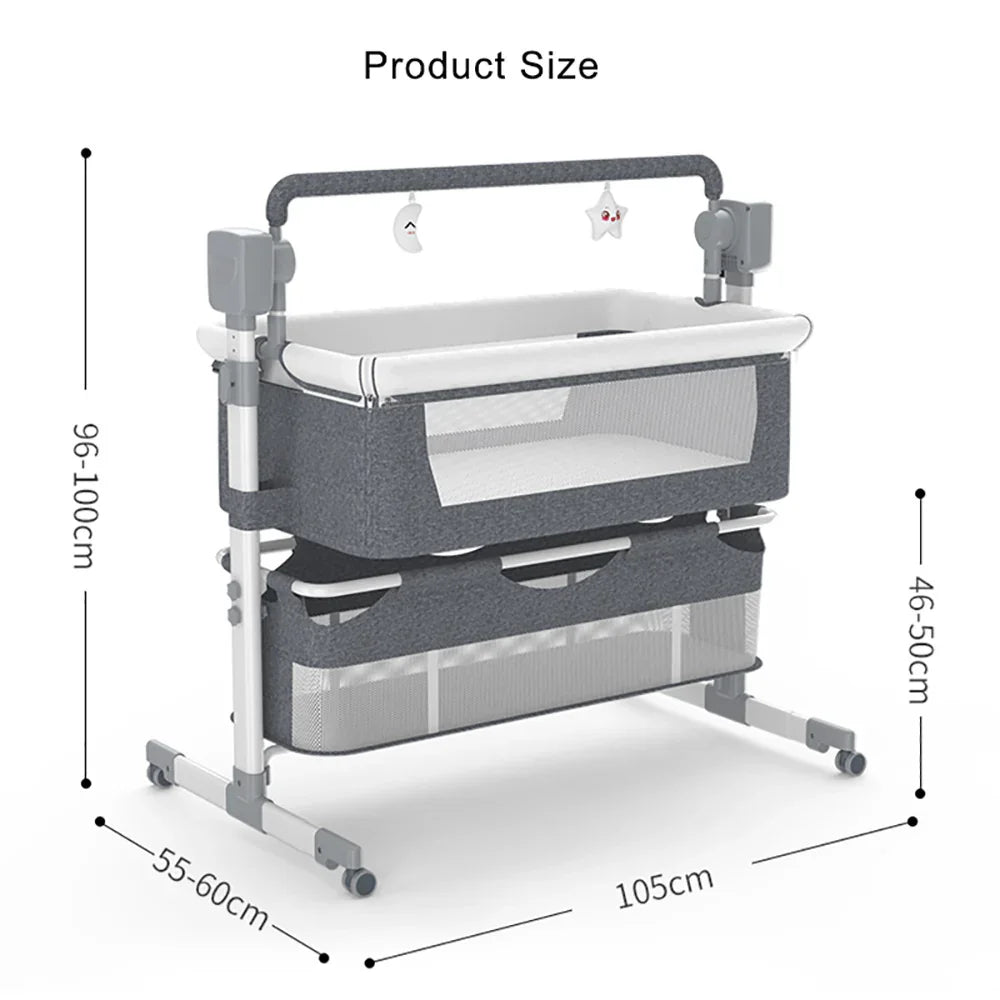 Electric 3-in-1 Baby Cradle Bedside Crib, High Chair and Rocker with Bluetooth, Remote Control, Storage Basket and Wheels for In - QUORE
