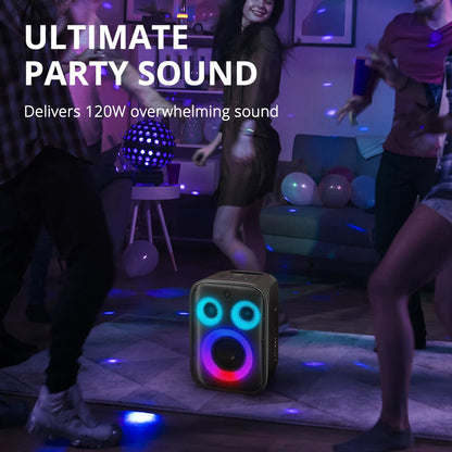 Bluetooth Speaker - Speakers - Partybox - Muziekbox - 120W - met 2 Microfoons - Gitaaringang en 3-Weg Geluidssysteem - Draagbare Speaker - Karaoke - met Lichtshow en Bedrade/Built-in Mic - Zwart