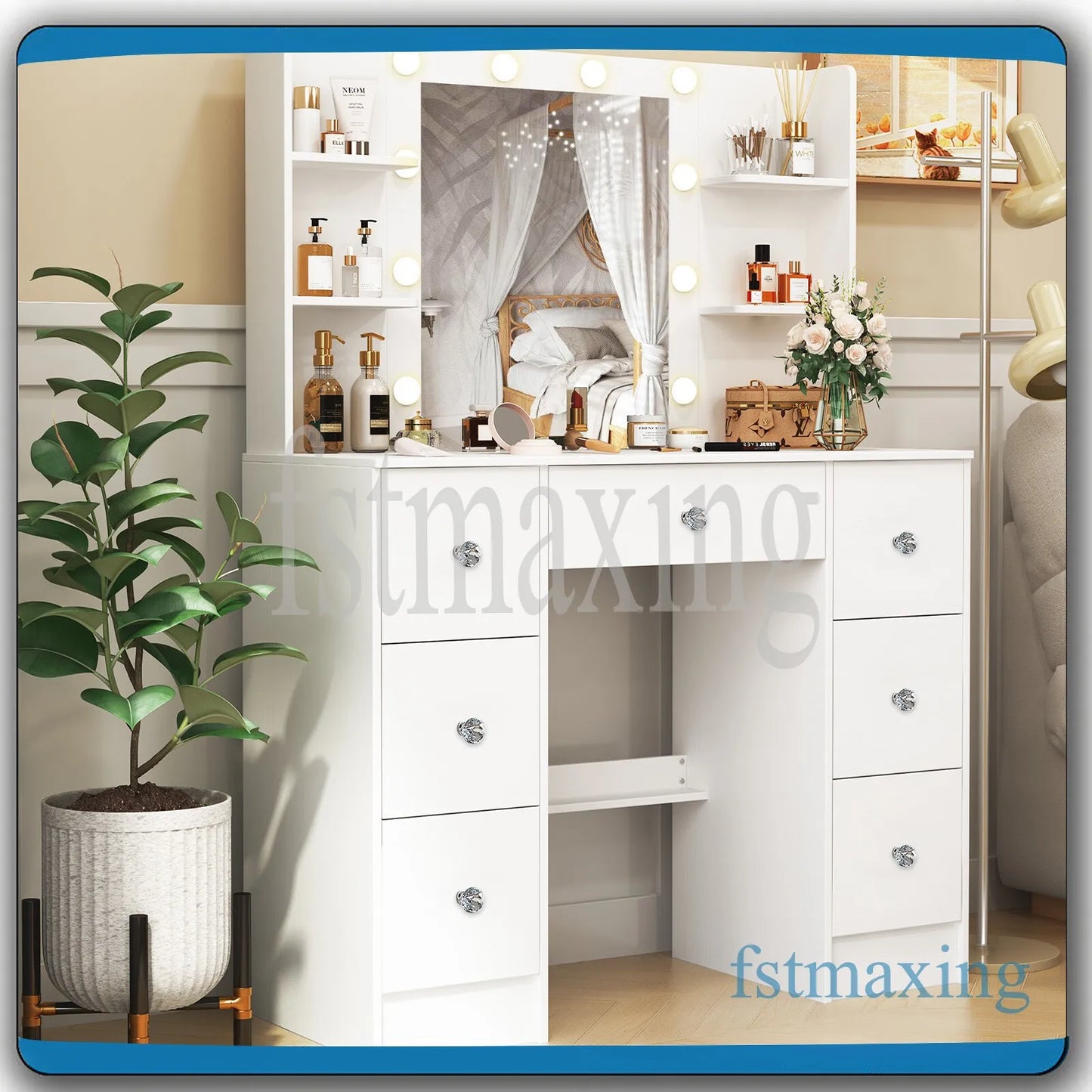 Makeuptafel – Kaptafel – Cosmeticatafel – Vanity Tafel – Schminktafel – Wit – 7 Laden & 6 Open Vakken – LED Spiegel met 3 Lichtkleuren