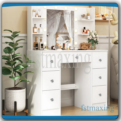 Makeuptafel – Kaptafel – Cosmeticatafel – Vanity Tafel – Schminktafel – Wit – 7 Laden & 6 Open Vakken – LED Spiegel met 3 Lichtkleuren