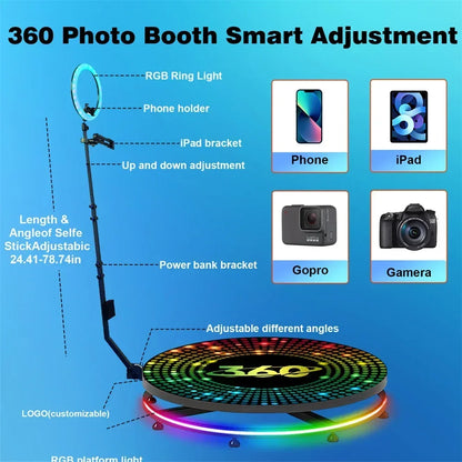 360° Fotobudek – 360 Graden Fotostudio – Roterende Fotocabine – 360 Graden Photobooth – Evenementen Fotobelevenis – Afstandsbediening & App Bediening – Professionele USB Ringlamp Met LED Strip