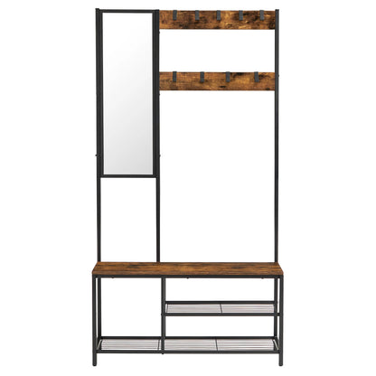 Kapstok - Schoenenrek - Zitbank - Spiegel - Zwart - Staal - Hout - Vintage - Halkast - 4in1 - Opbergrek - QUORE