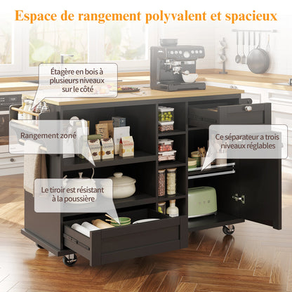 Serveertrolley – Keukentrolley – Serveerwagen – Mobiele Trolley – Opbergtrolley – Zwart MDF Frame – Lichtbruin Houten Werkblad – 2 Laden – 4 Wieltjes Met Remmen