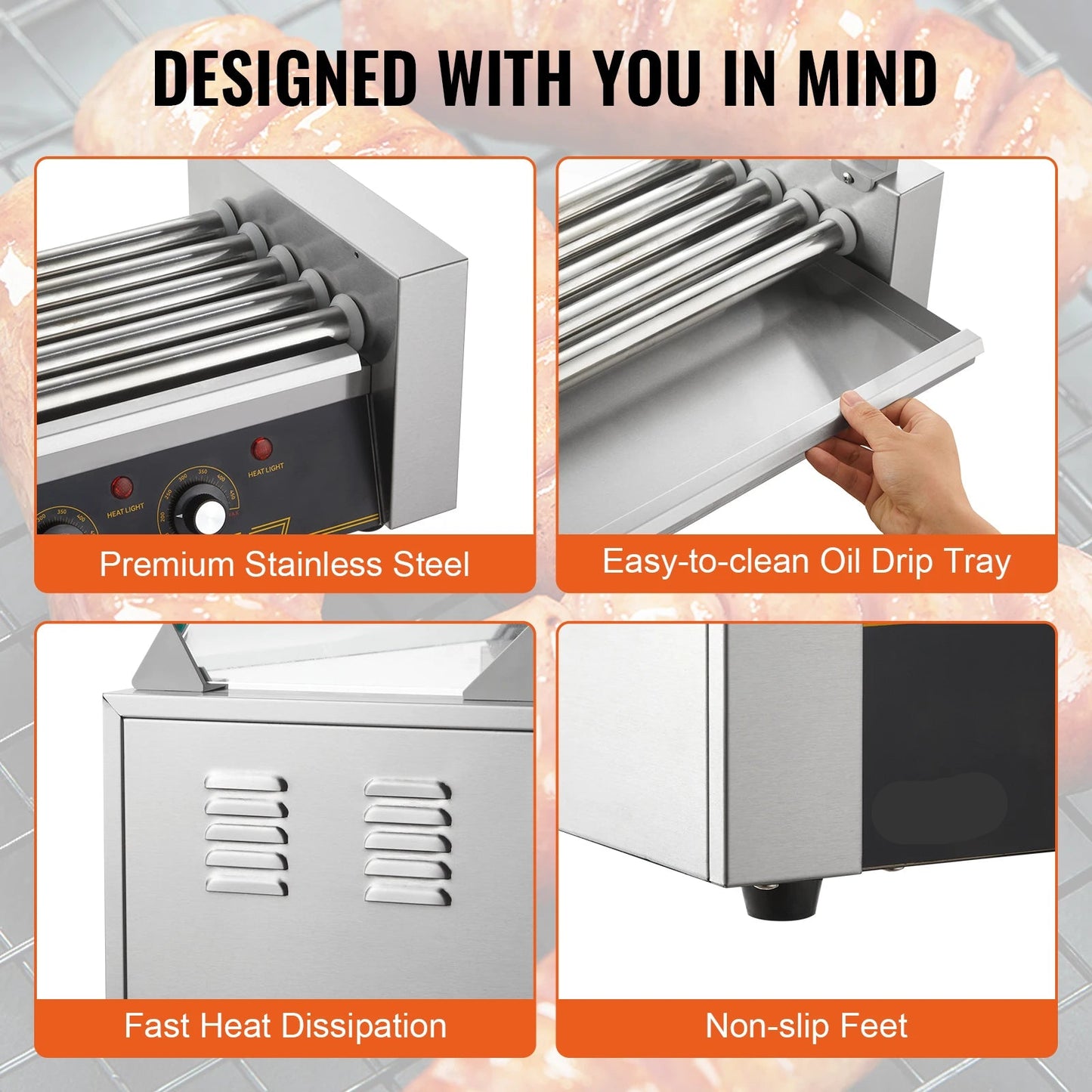 Hotdog Grill Machine - Hotdog Grill - Hotdogroller - 5 RVS Rollen - 750W - Elektrische Grill - met Deksel - Twee Temperatuurregelaars - Spatwand en plank - voor Keuken - en Feestjes - Capaciteit 12 Stuks