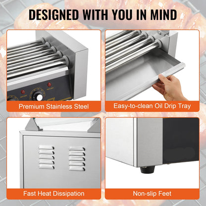 Hotdog Grill Machine - Hotdog Grill - Hotdogroller - 11 RVS Rollen - 750W - Elektrische Grill - met Deksel - Twee Temperatuurregelaars - Spatwand en plank - voor Keuken - en Feestjes - Capaciteit 12 Stuks