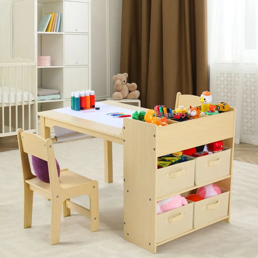 Kinderkunsttafel En Stoelen Set – Knutseltafel – Tafel Met Stoelen – Creatieve Speeltafel – Houten Kunsttafel – Papierrolhouder – Ergonomische Stoelen - QUORE