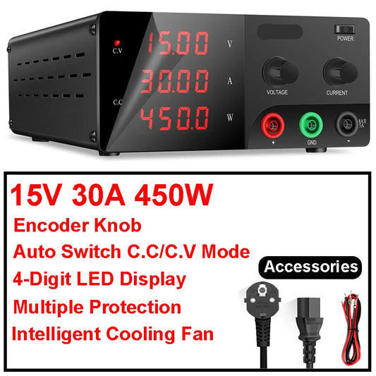 Labvoeding - Laboratorium Voeding - Power Supply - Powerbank - 15V 30A - 220V - Instelbare - Enkel Kanaal – Hoog Ampèrage DC Voedingsunit voor Werkbank en Testomgeving