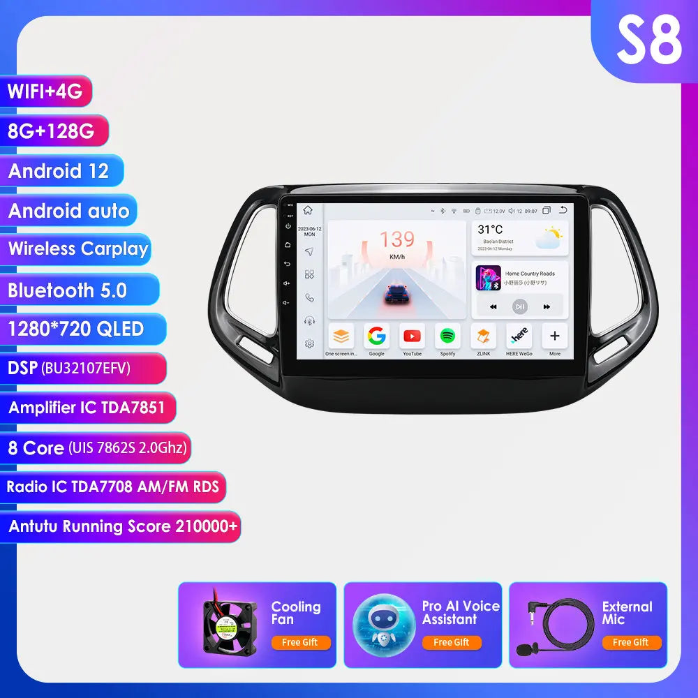 Multimedia Systeem Jeep Compass – Autoradio – GPS Navigatie – Carplay – Android Auto – 10.33 Inch QLED Touchscreen – 4G LTE Connectiviteit