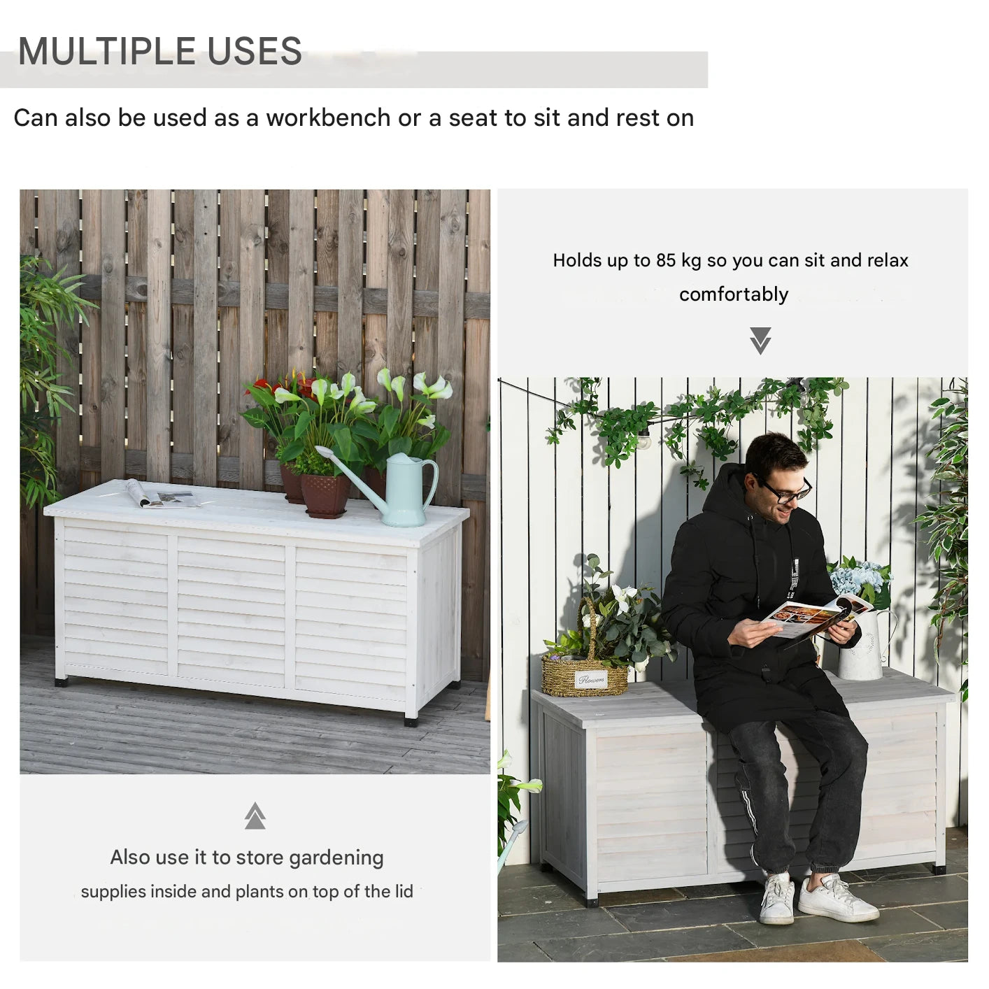 Tuinbox - Tuinkussenbox - Buitenkast - Tuinspullen - met Open Deksel - Luikontwerp - Stevig - Duurzaam - voor Tuin - Terras - Buiten - Hout - 127 x 56 x 60 cm - Wit