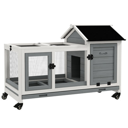 Konijnenkooi – Caviakooi – Huisdieren Kooi – Kleine Dieren Verblijf – Stevig Hout – Uitneembare Tray - 108 x 58 x 73.5 cm - Grijs - QUORE