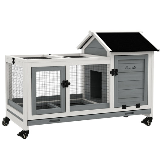 Konijnenkooi – Caviakooi – Huisdieren Kooi – Kleine Dieren Verblijf – Stevig Hout – Uitneembare Tray - 108 x 58 x 73.5 cm - Grijs - QUORE