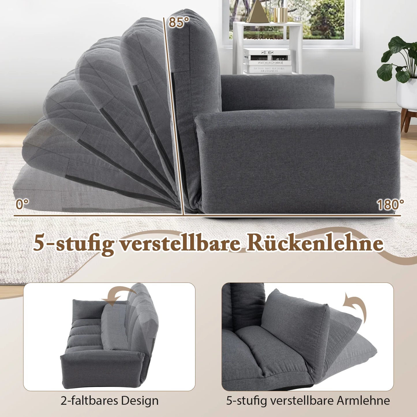 Opvouwbare Lounge Sofa – Verstelbare Rugleuning & Armleuningen – Grijze Vloerstoel met 5 Posities – Comfortabele Speelkamer / Gaming / Slaapbank – Geen Montage Nodig
