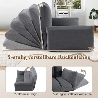 Opvouwbare Lounge Sofa – Verstelbare Rugleuning & Armleuningen – Grijze Vloerstoel met 5 Posities – Comfortabele Speelkamer / Gaming / Slaapbank – Geen Montage Nodig