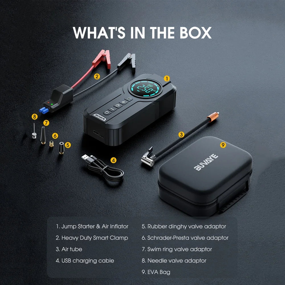 Buvaye - Jumpstarter voor Auto - Startkabels - Starthulp - Luchtcompressor - 4 in 1 - 12V - Jumpstarters - Powerbank 8000mah - Zwart - QUORE