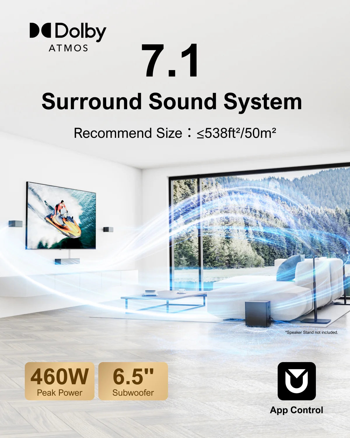 Soundbar - 7.1ch - Soundbar voor TV - Surround Sound-Systeem - met Subwoofer - Dolby Atmos - APP & Afstandsbediening - Bluetooth-luidspreker - AUX - Optical - HDMI - ARC - Zwart