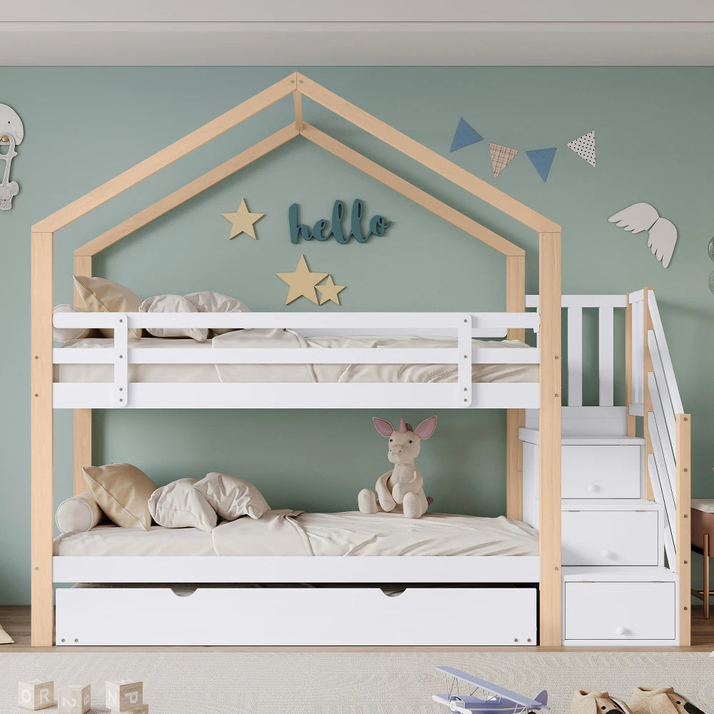 Hoogslaper Hout – Etagenbed – Kinderbed – Stapelbed – Uitschuifbed – Met Opbergruimte – Massief Mahoniehout – Geschikt Voor 3 Slaapplaatsen