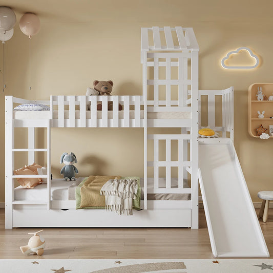 Kinder Stapelbed – Kinderbed – Bunkbed – Hoogslaper – Stapelbed Met Glijbaan – Wit – 90x200 cm – Grote Lade Op Wieltjes – Stevig Massief Hout